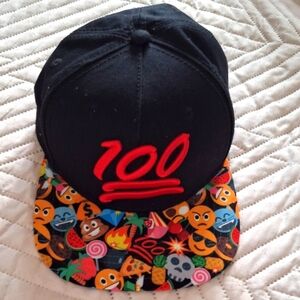 Black Cap with Emoji Brim and Red 100 Embroidery